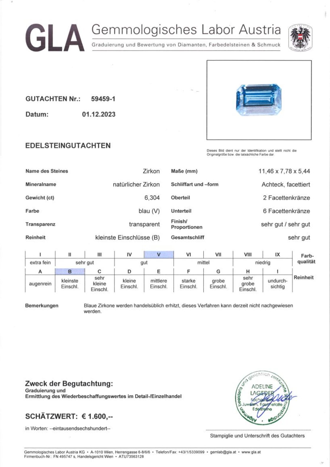 Zirkon Achteckschliff blau 6,304 ct