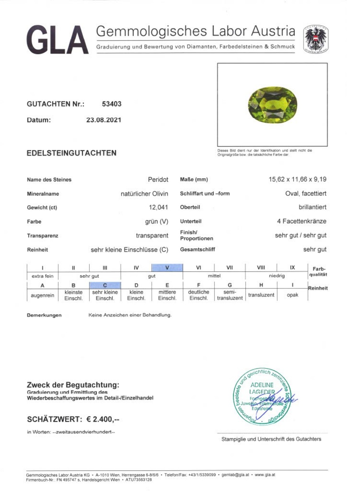 Peridot Olivin Ovalschliff grün 12,041 ct