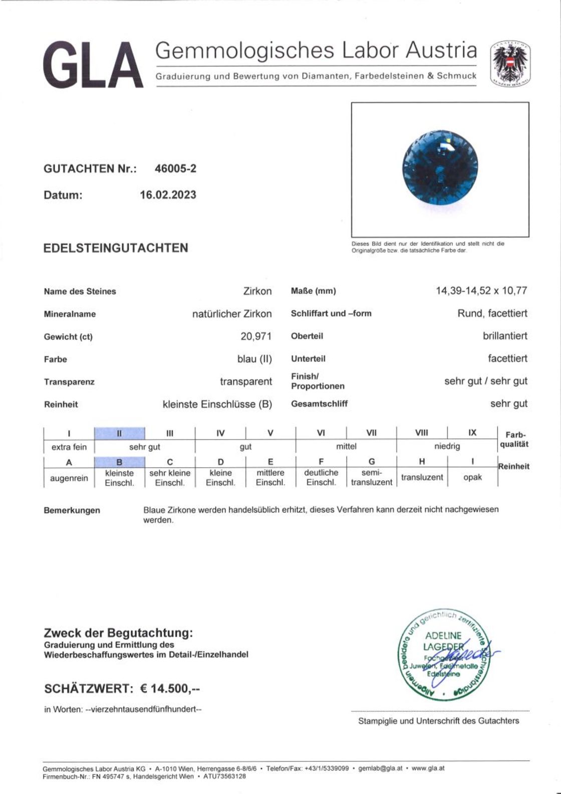 Zirkon Rundschliff blau 20,971 ct