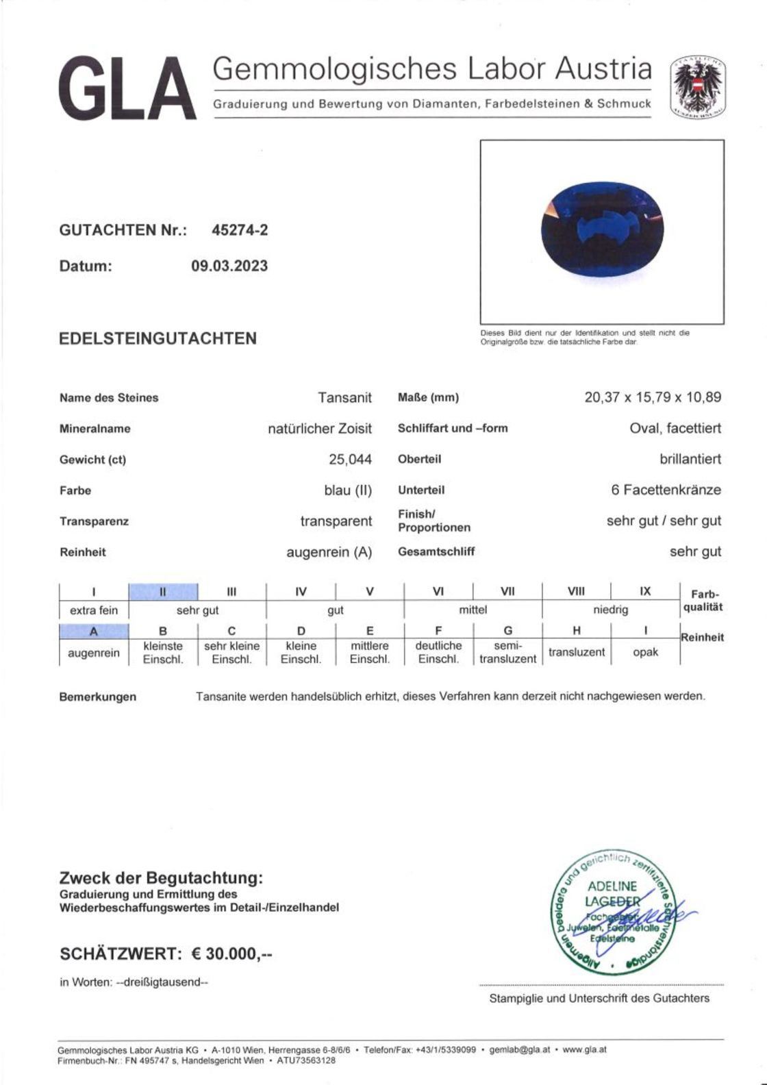 Tansanit Ovalschliff intensives Blau 25,044 ct