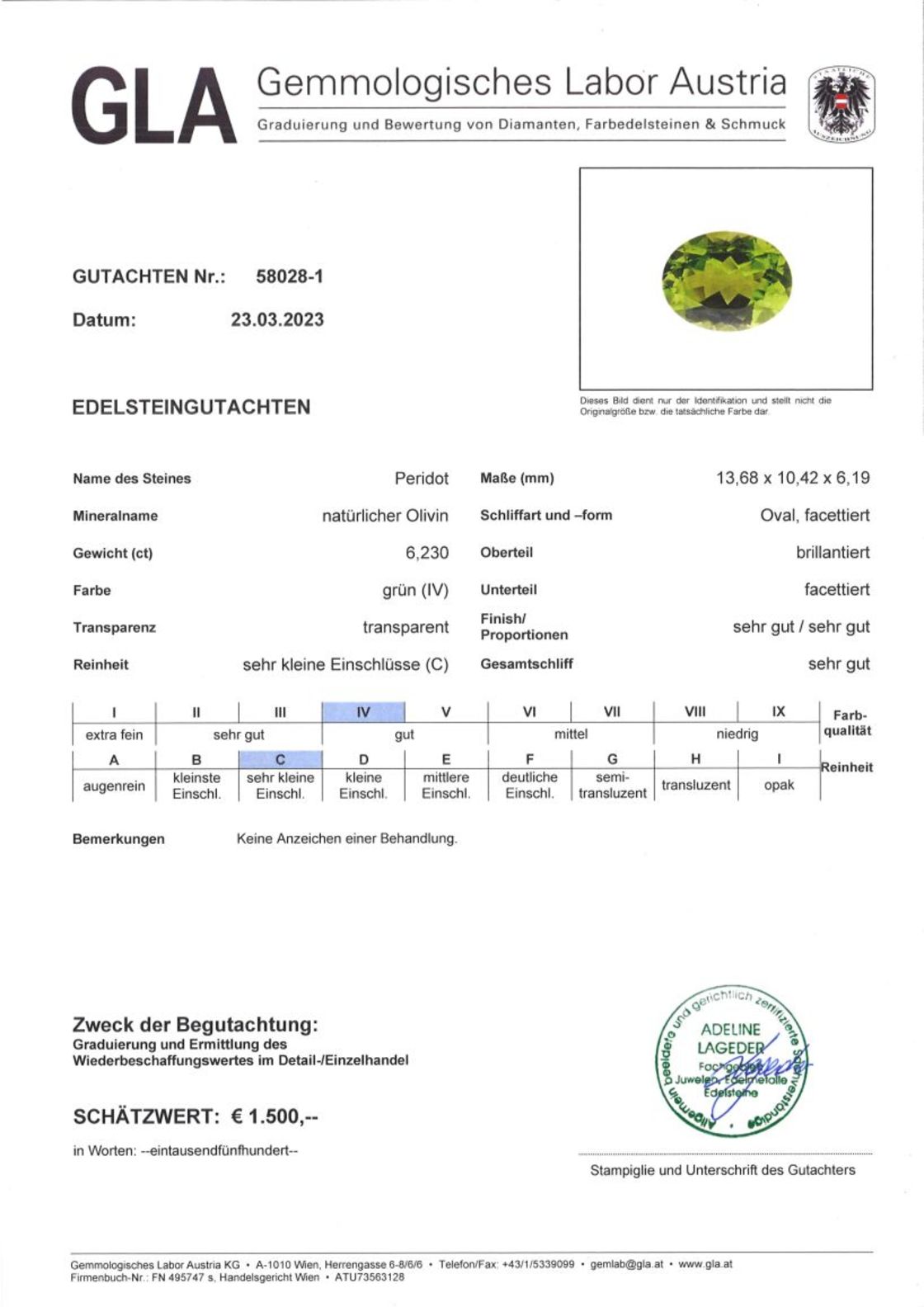 Peridot Ovalschliff grün 6,230 ct