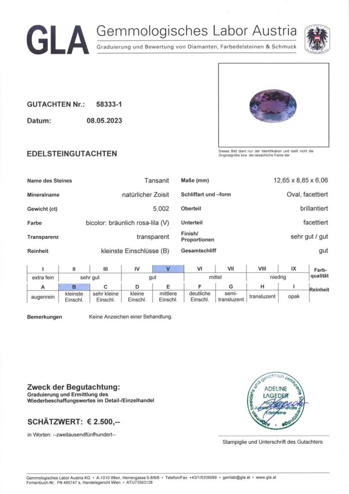 Unbehandelter Tansanit Ovalschliff bräunlich-lila 5,002 ct