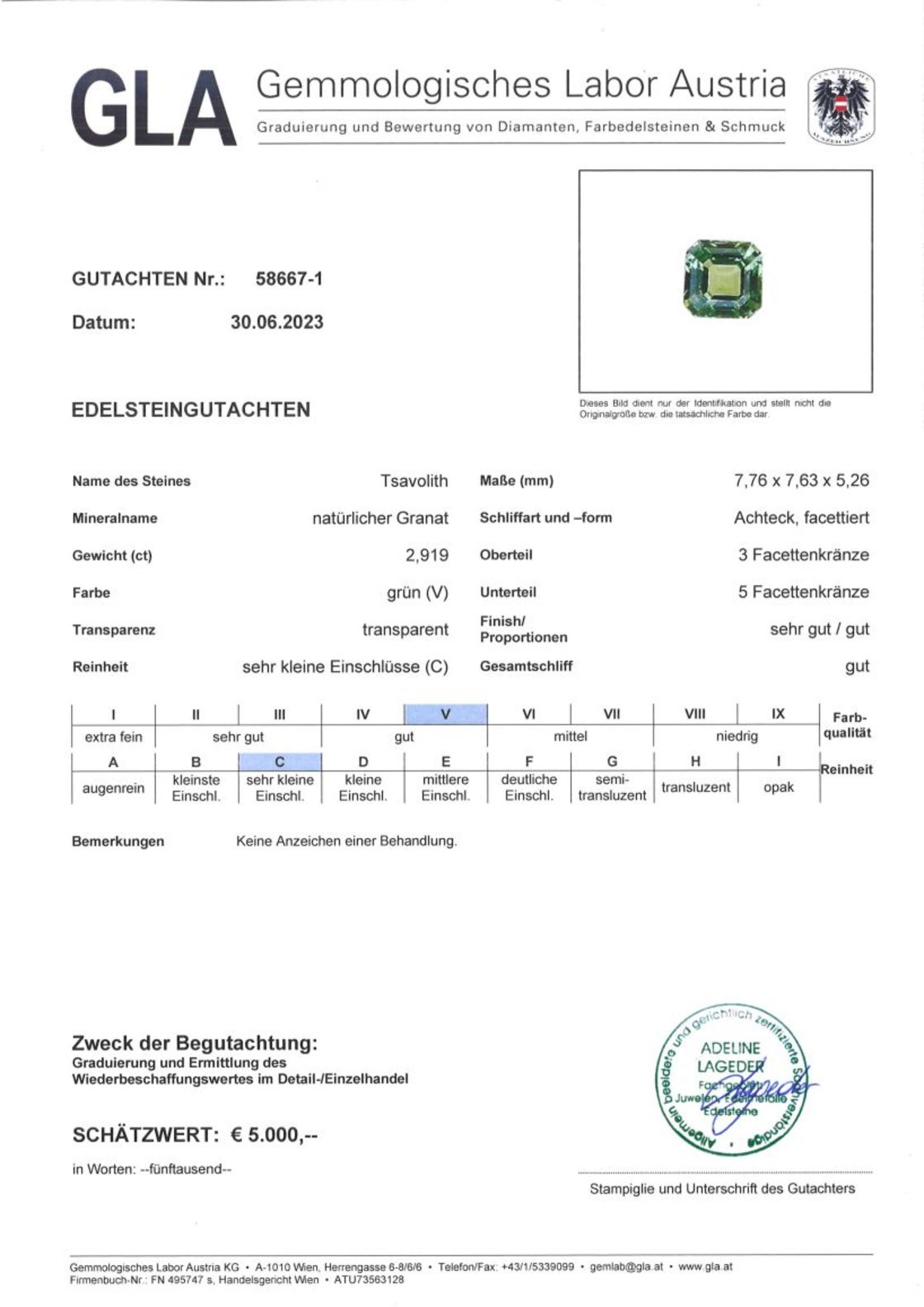 Tsavorit Granat Achteckschliff grün unbehandelt 2,919 ct