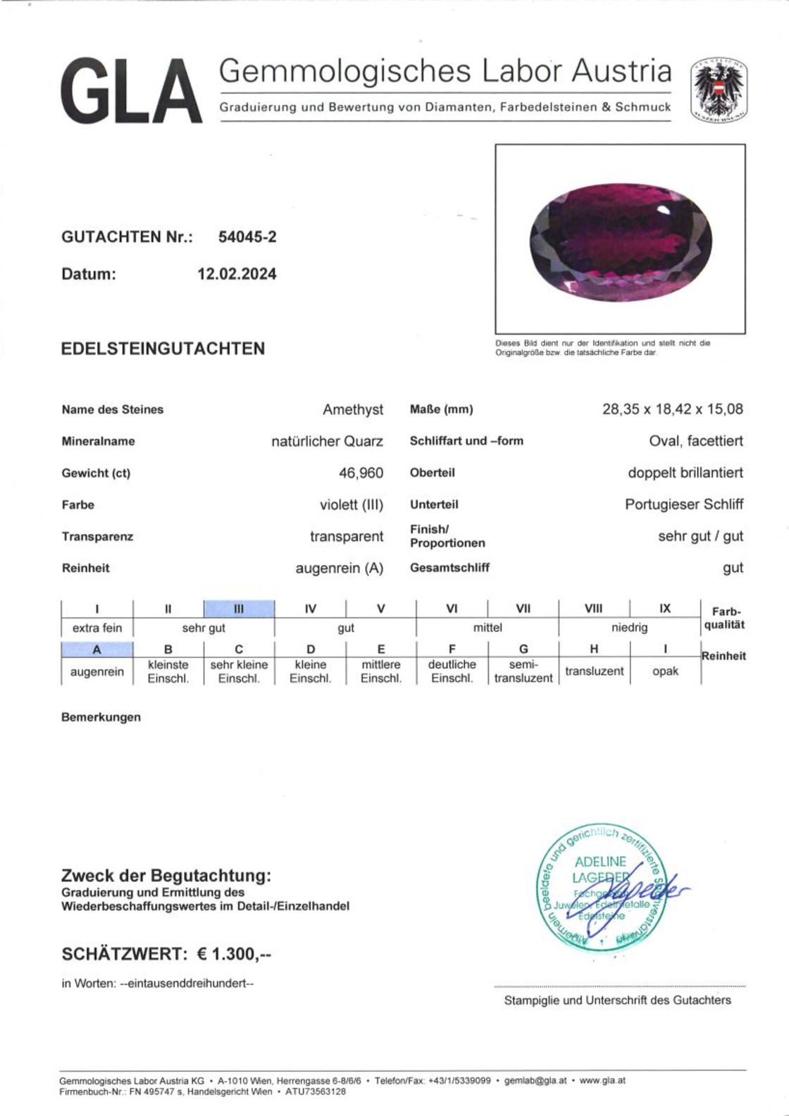 Amethyst Ovalschliff intensives Violett 46,960 ct