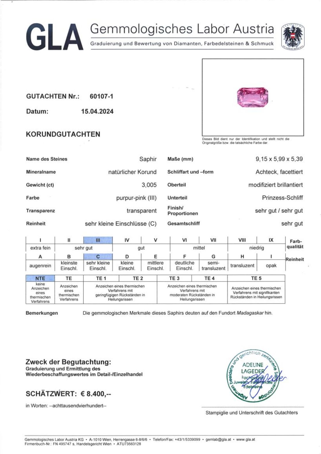 Unbehandelter Saphir Achteckschliff purpur-pink 3,005 ct