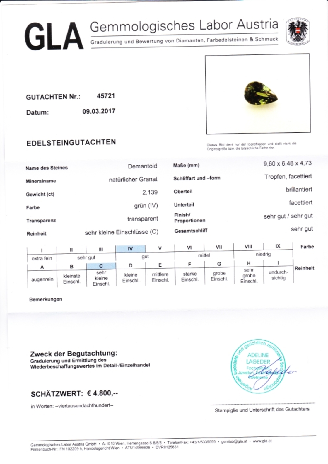 Demantoid Granat Tropfenschliff gruen 2,139 ct