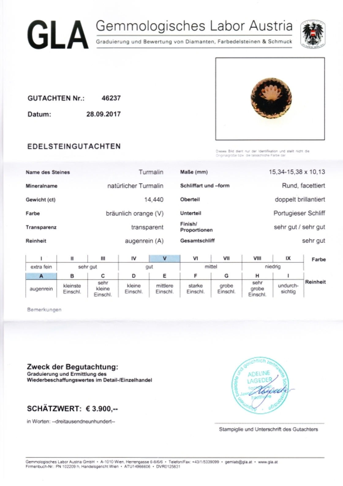 Orangebrauner Turmalin Rundschliff 14,440 ct