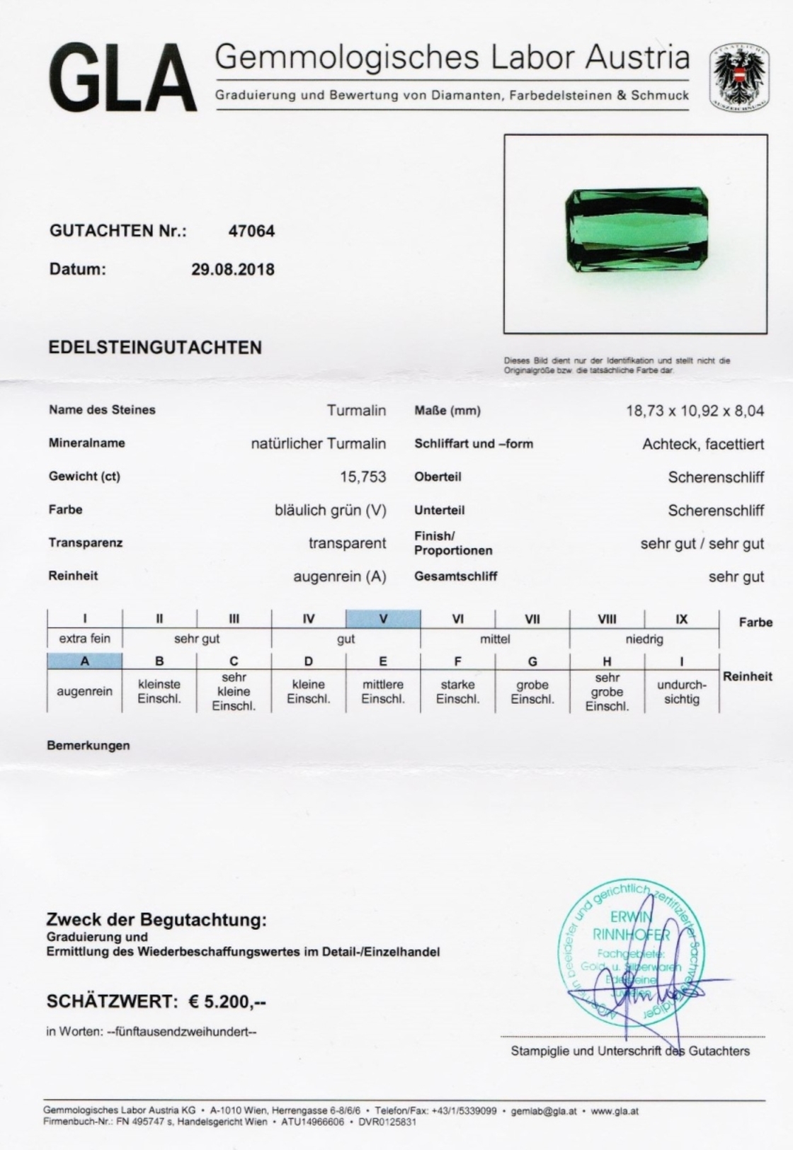 Turmalin Achteckschliff bläulich-hellgrün 15,753 ct