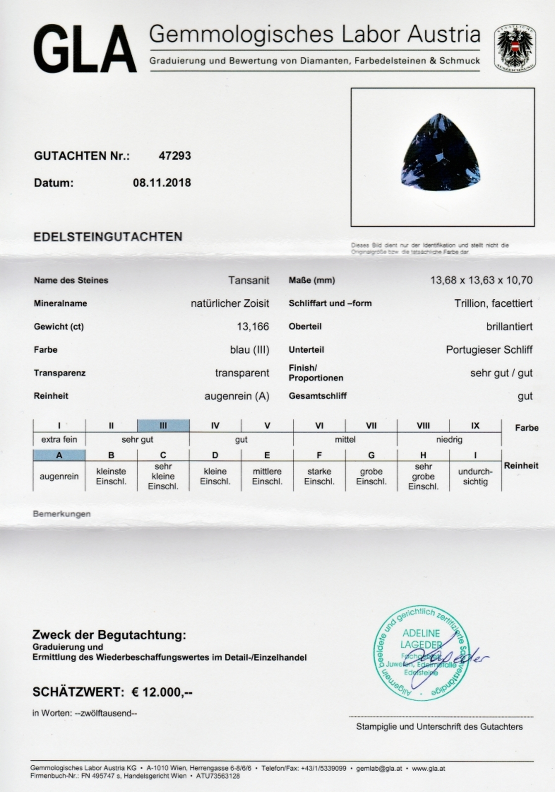 Tansanit Trillionschliff intensivblau 13,16 ct