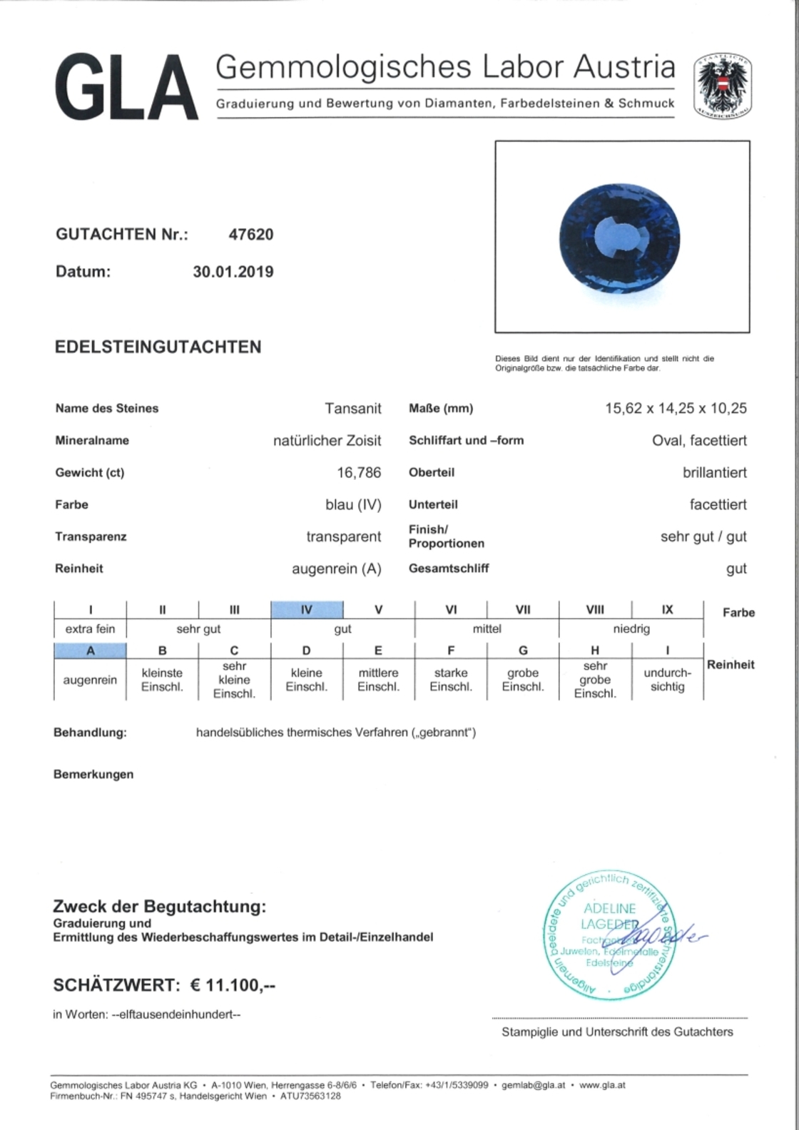 Tansanit Ovalschliff blau 16,786 ct