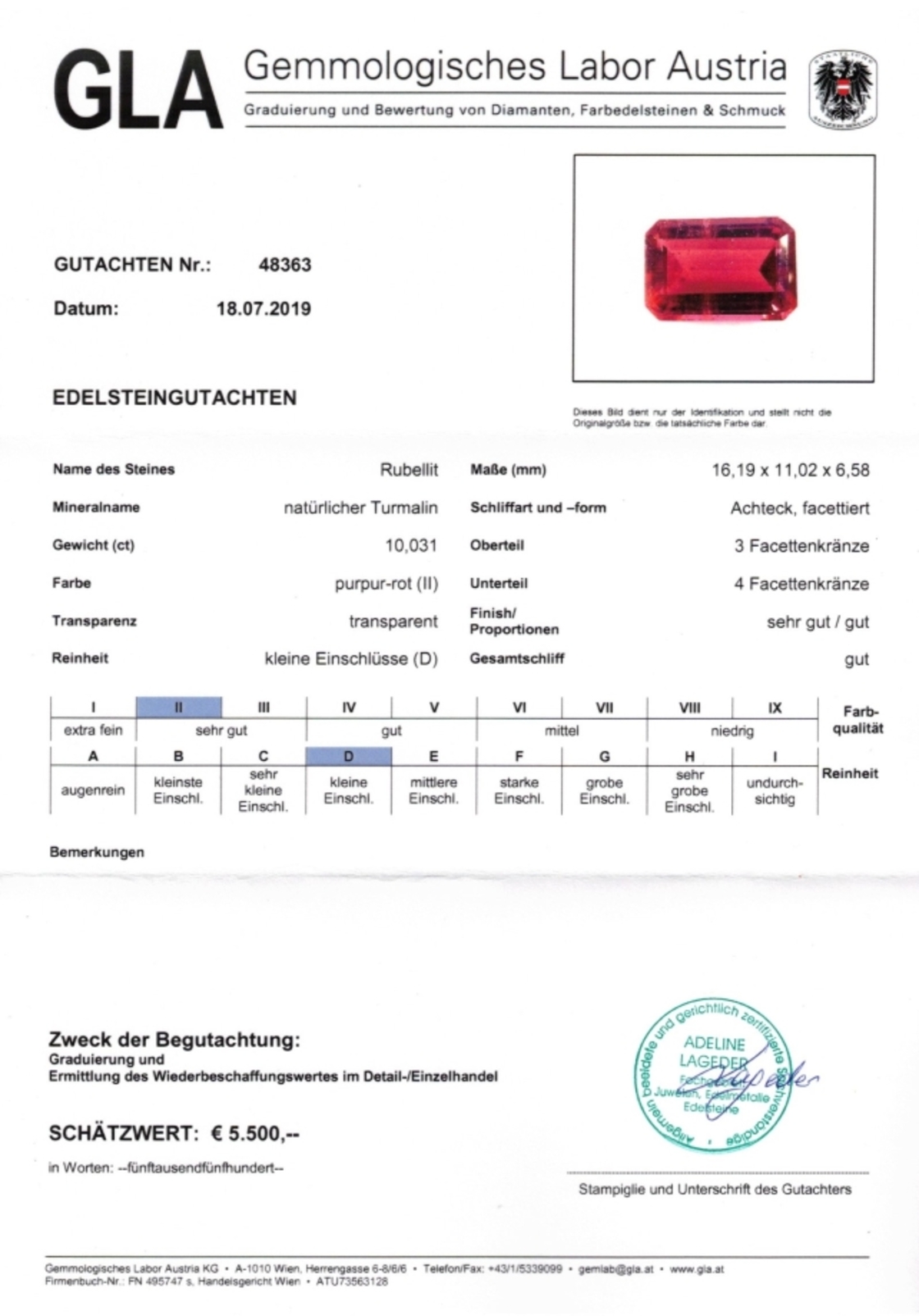 Rubellit Turmalin Achteckschliff purpurrot 10,031 ct