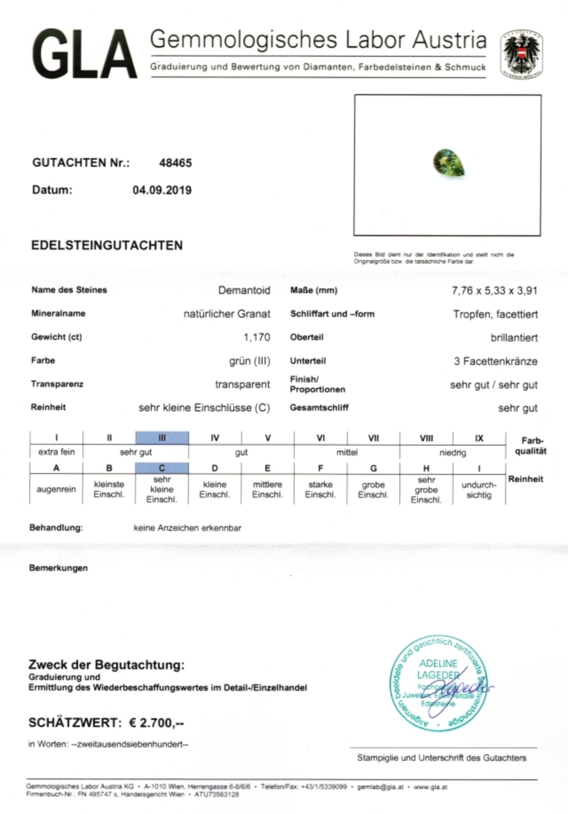 Demantoid Granat Tropfenschliff grün 1,170 ct