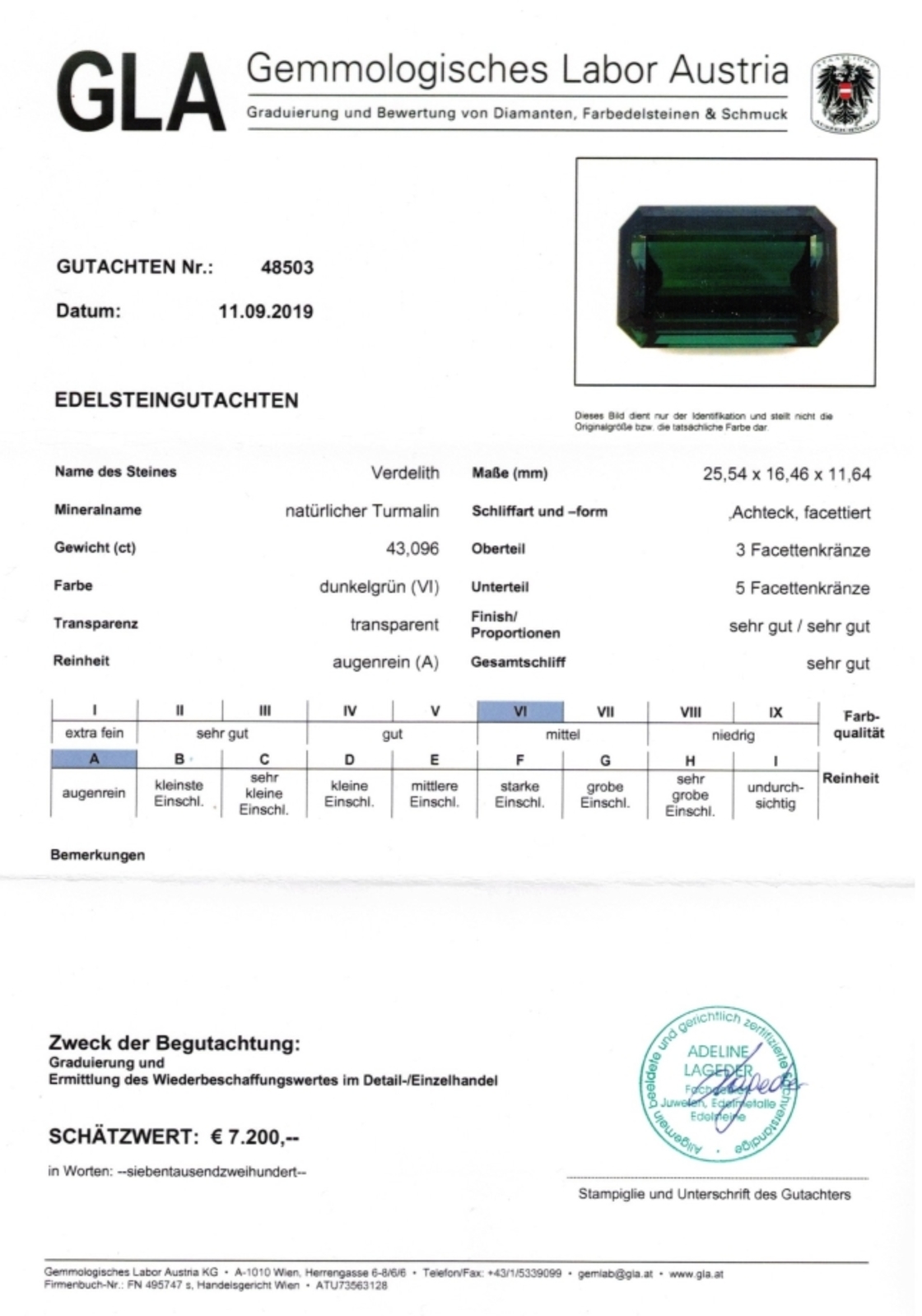 Turmalin Verdelith Achteckschliff dunkelgrün 43,096 ct