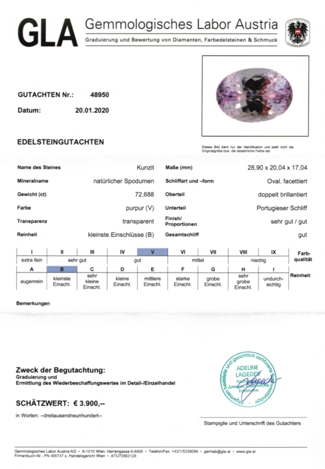 Kunzit Spodumen Ovalschliff purpur 72,688 ct