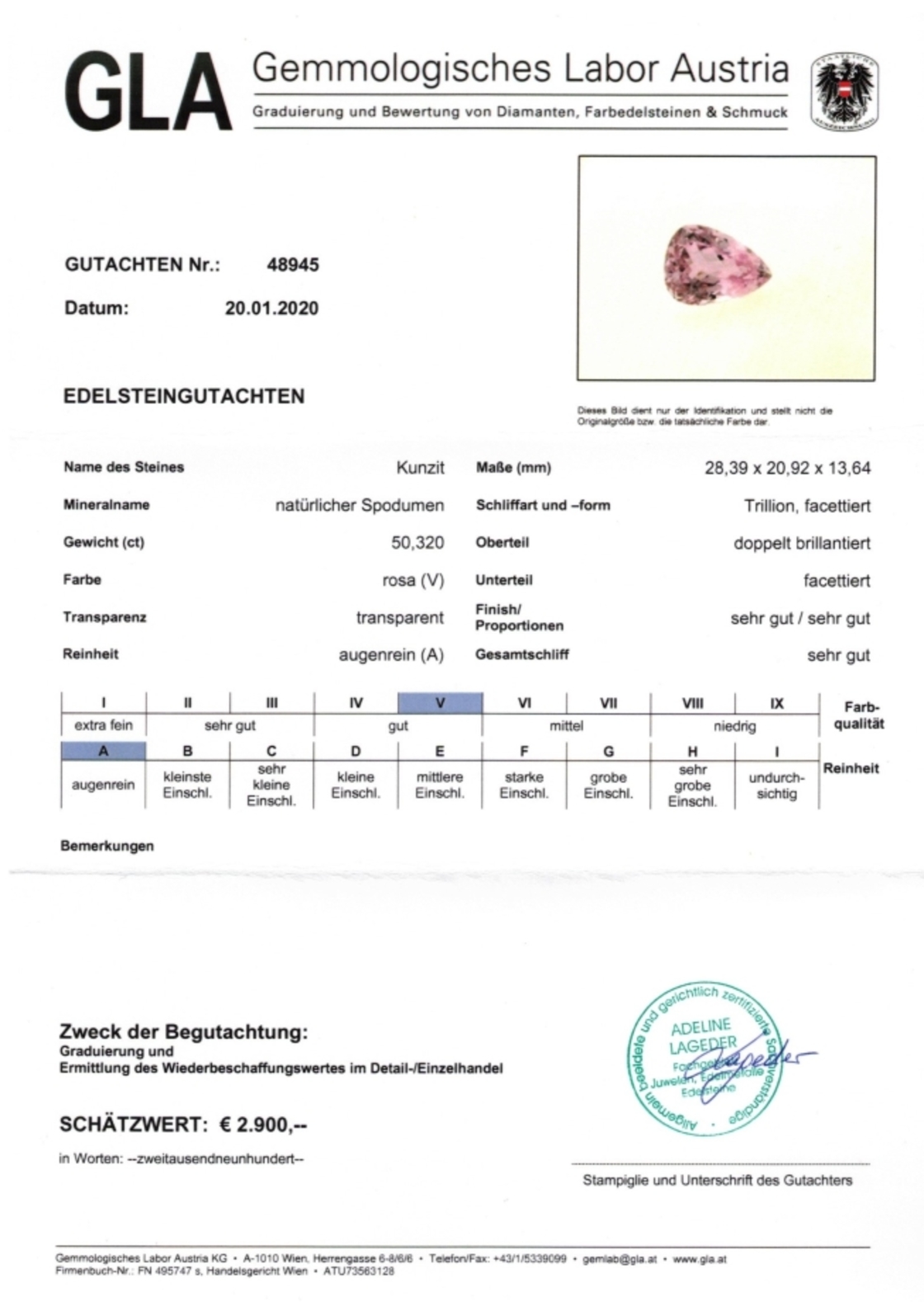 Gutachten zu Kunzit Tropfen 50,32 ct