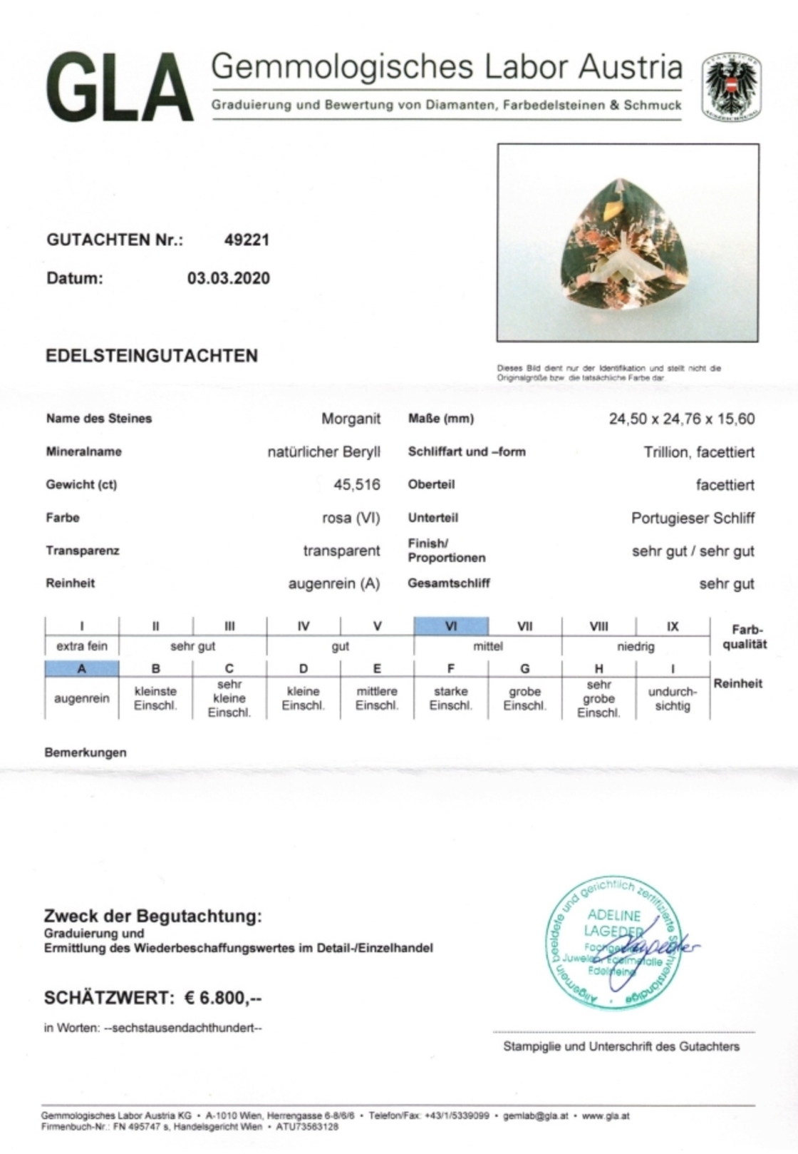 Morganit Beryll Trillionschliff hellrosa 45,516 ct