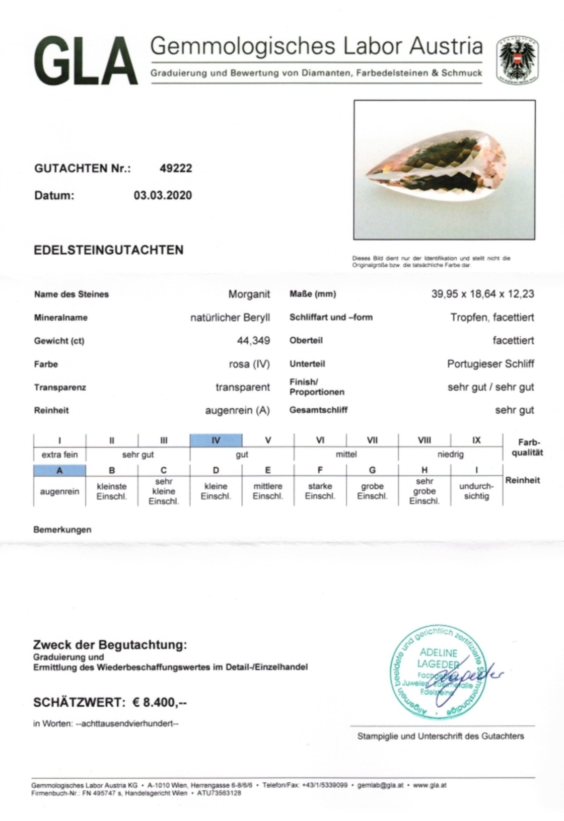 Morganit Beryll Tropfenschliff rosa 44,349 ct