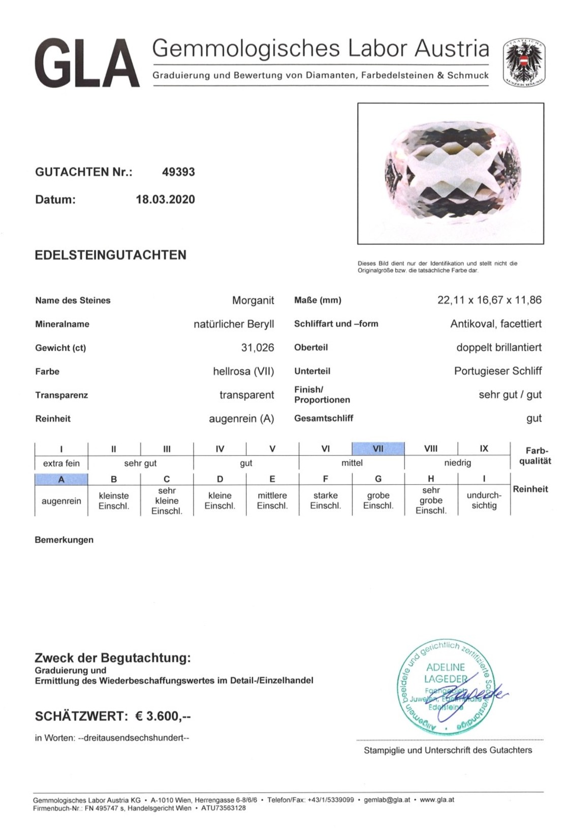 Morganit Antikovalschliff hellrosa unbehandelt 31,026 ct