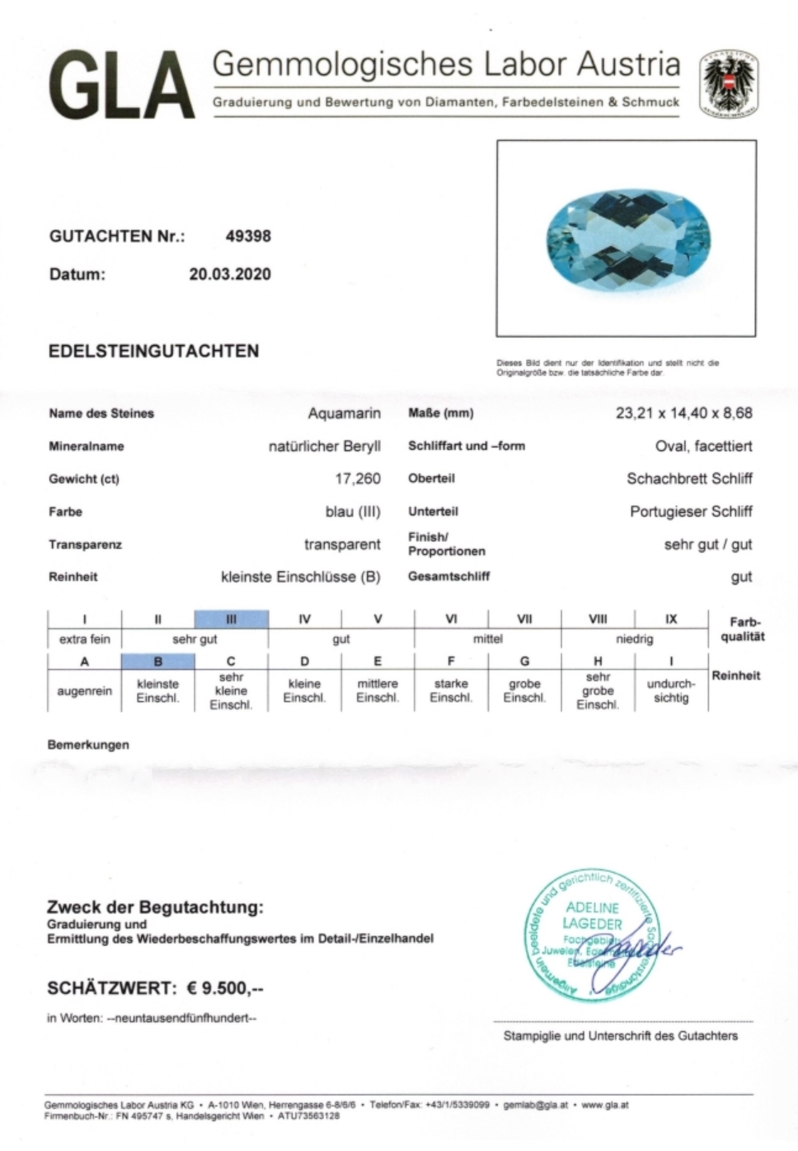 Aquamarin Oval-Schachbrettschliff intensives Hellblau 17,260 ct.