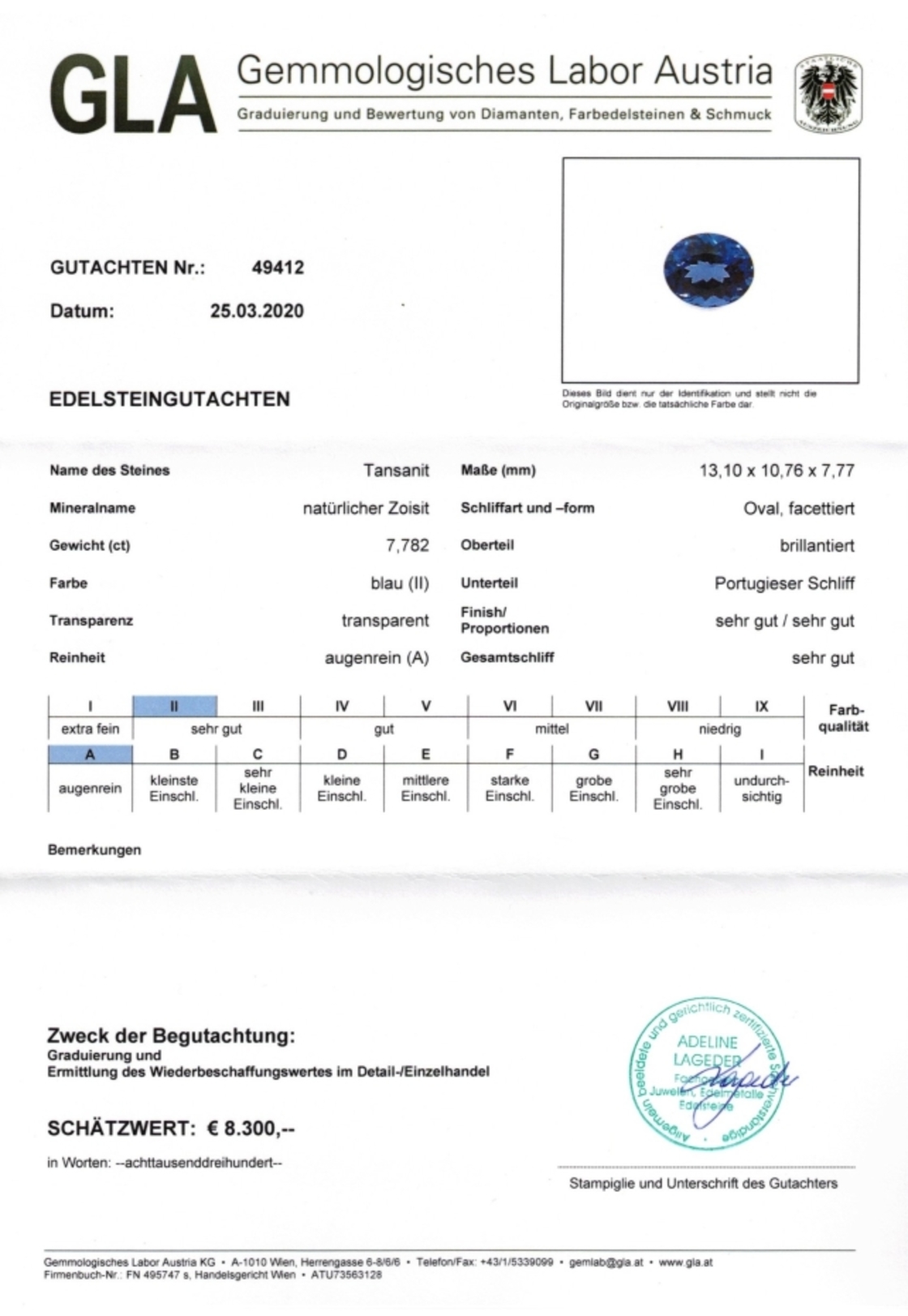 Tansanit Ovalschliff intensivblau 7,782 ct