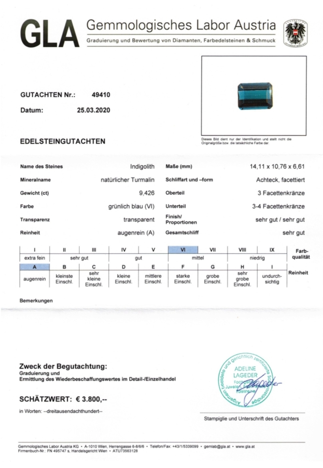 Gutachten zu Indigolith Turmalin octagon grünlich blau 9,42 ct