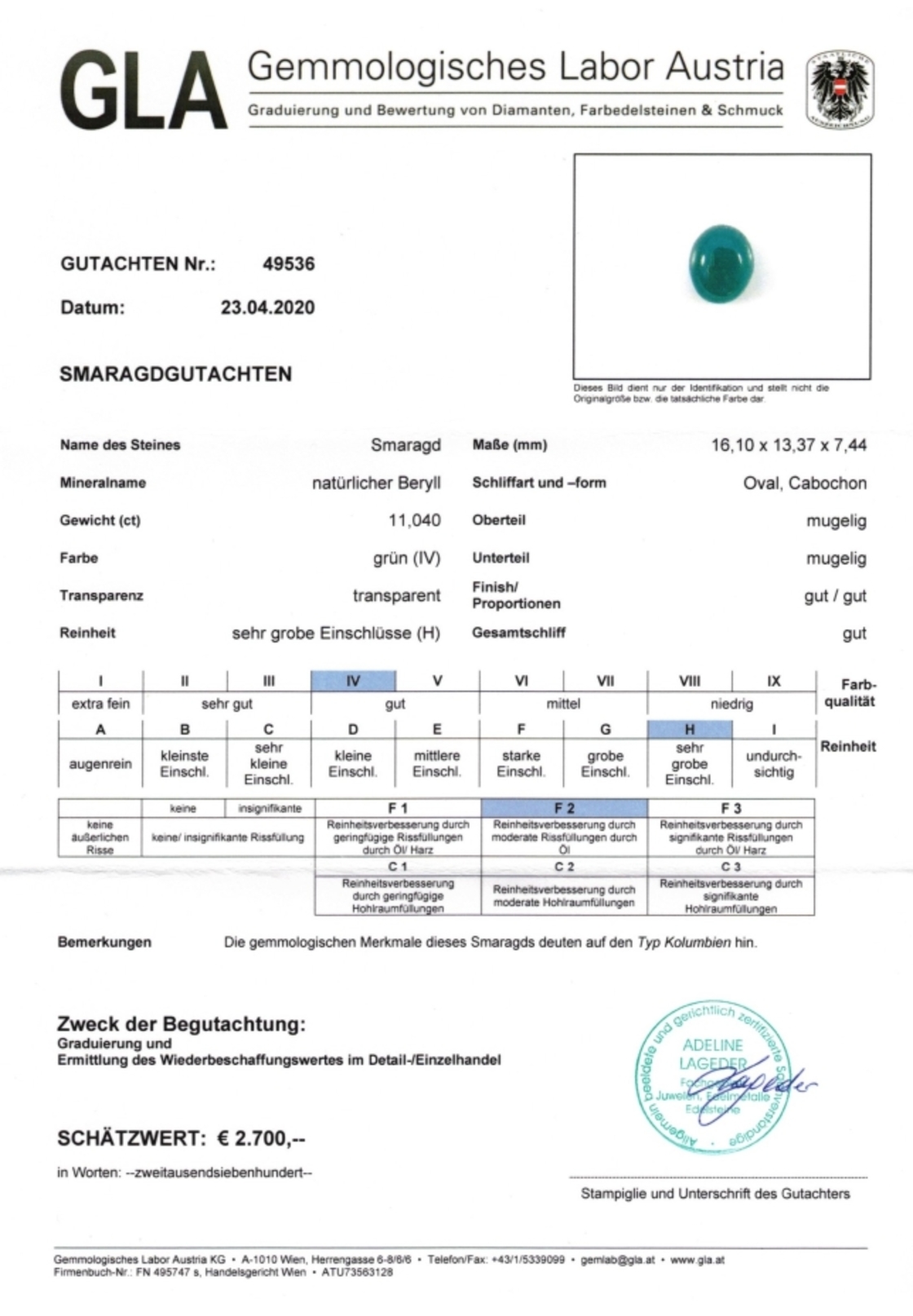 Smaragd-Gutachten Cabochonschliff oval 11,040 ct