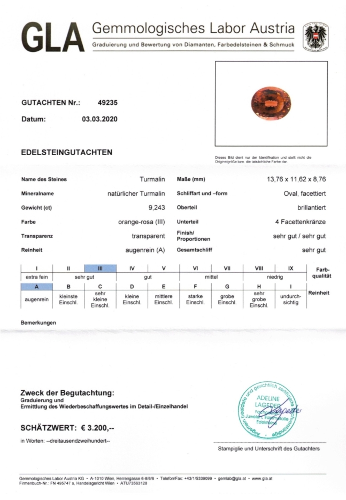 Gutachten zu Turmalin oval orangerosa ungebrannt 9,24 ct
