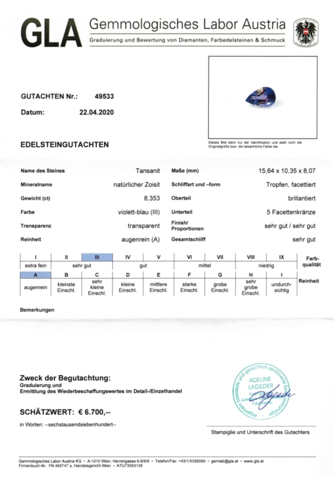 Gutachten zu Tanzanite pear violettblau 8.53 ct
