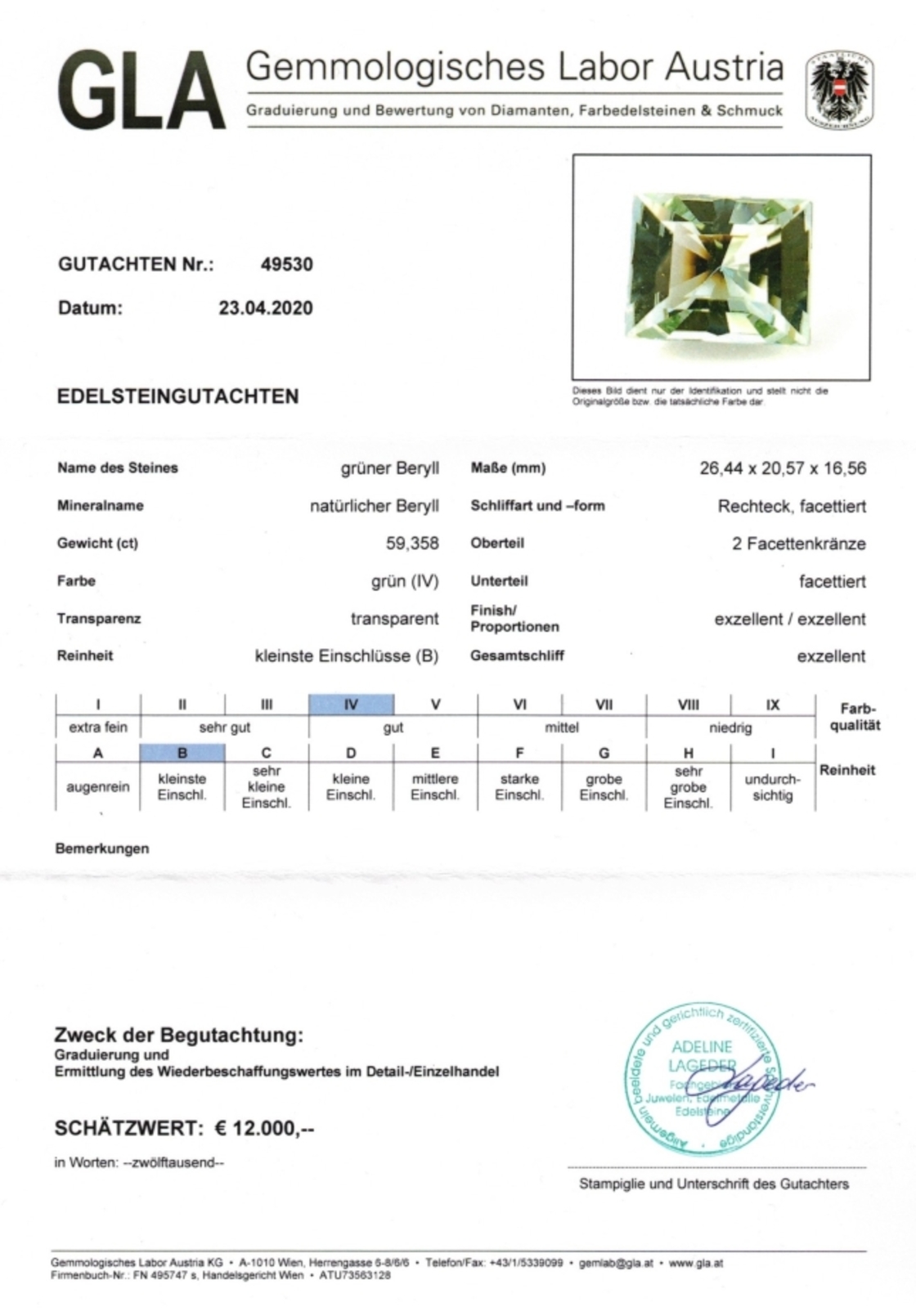 Gutachten zu Edelberyll Rechteck-Design hellgruen 59,35 ct.
