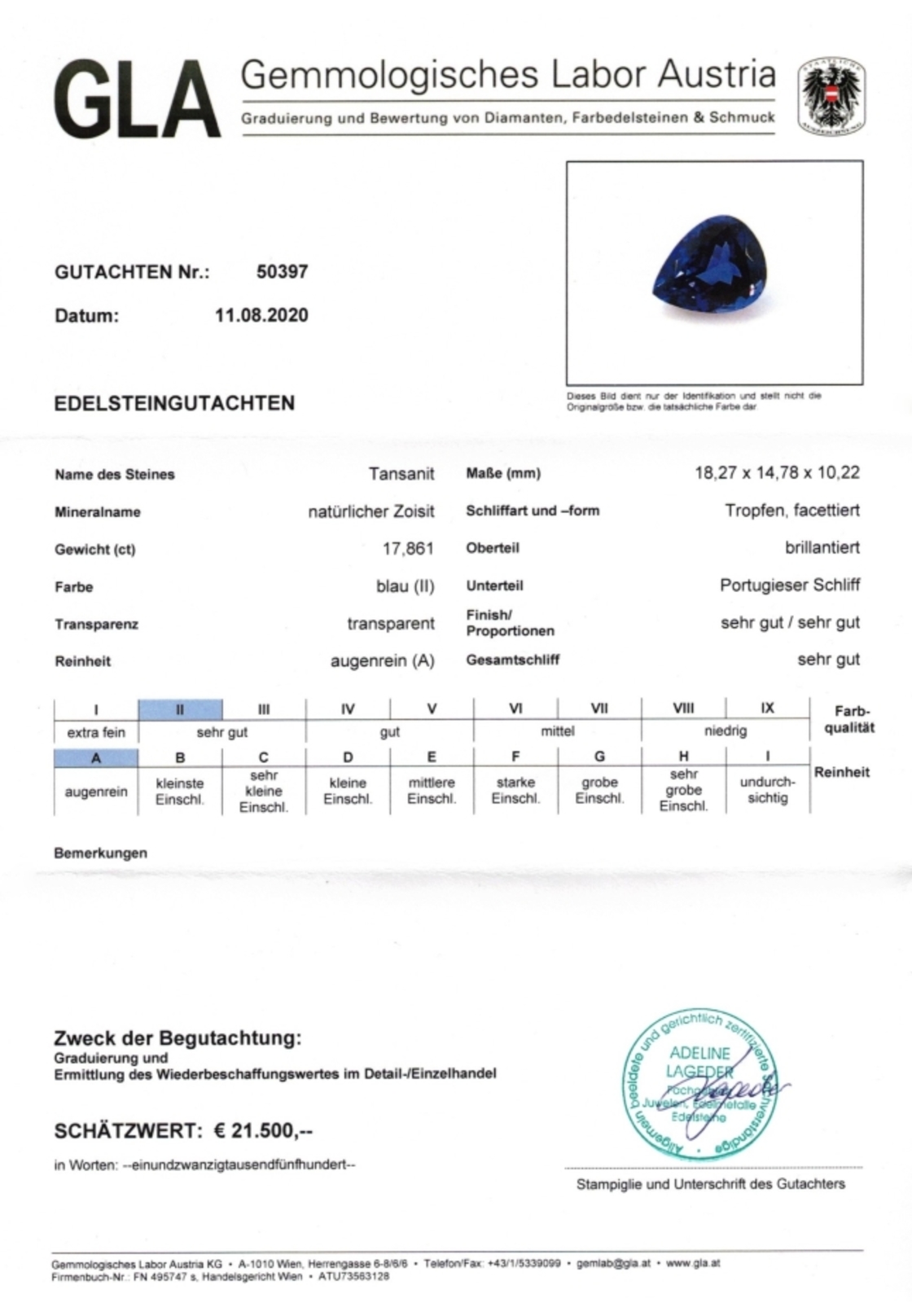 Tansanit Tropfenschliff intensives Blau 17,861 ct
