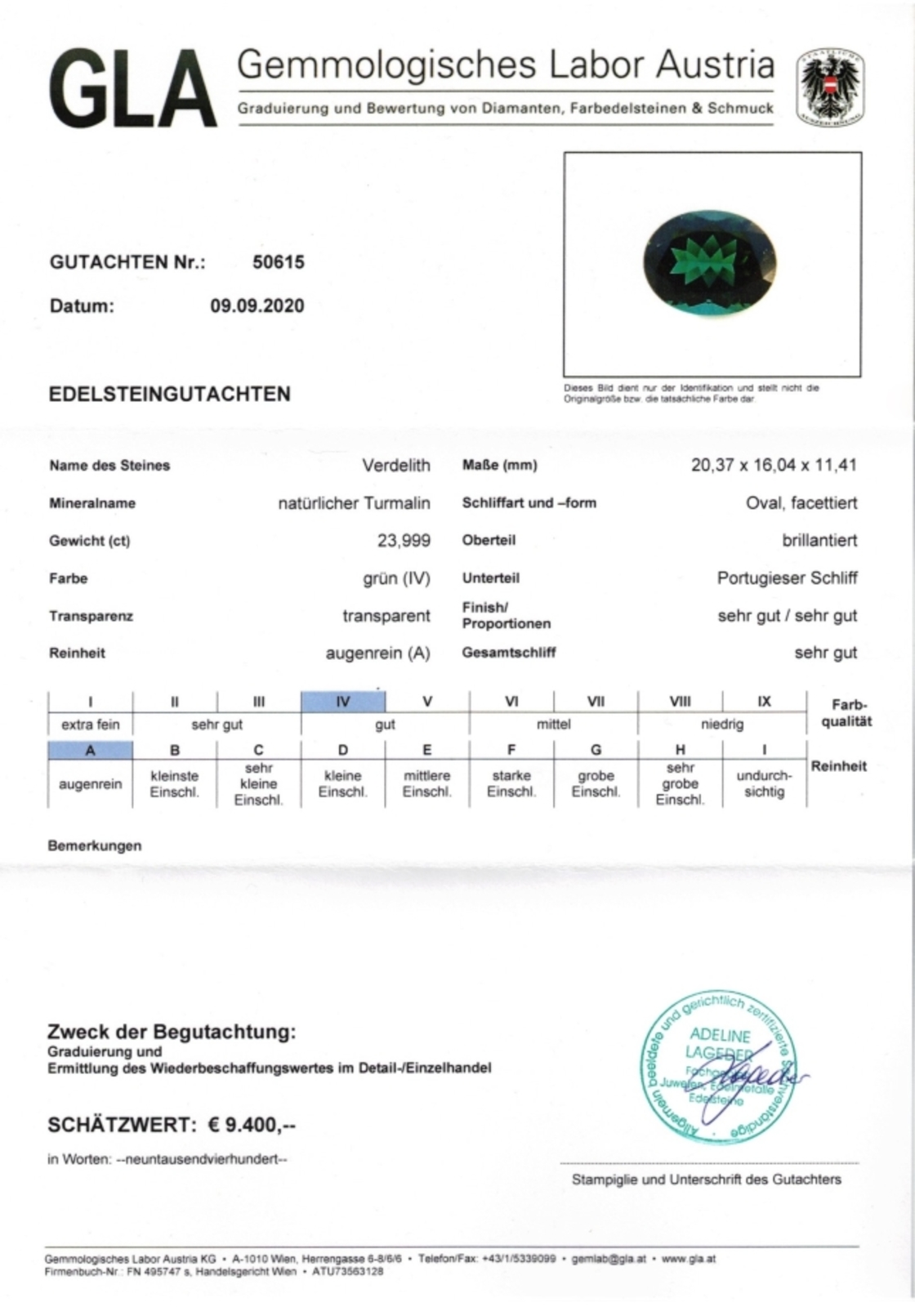 Gutachten zu Verdelith Turmalin oval grün 23,99 ct