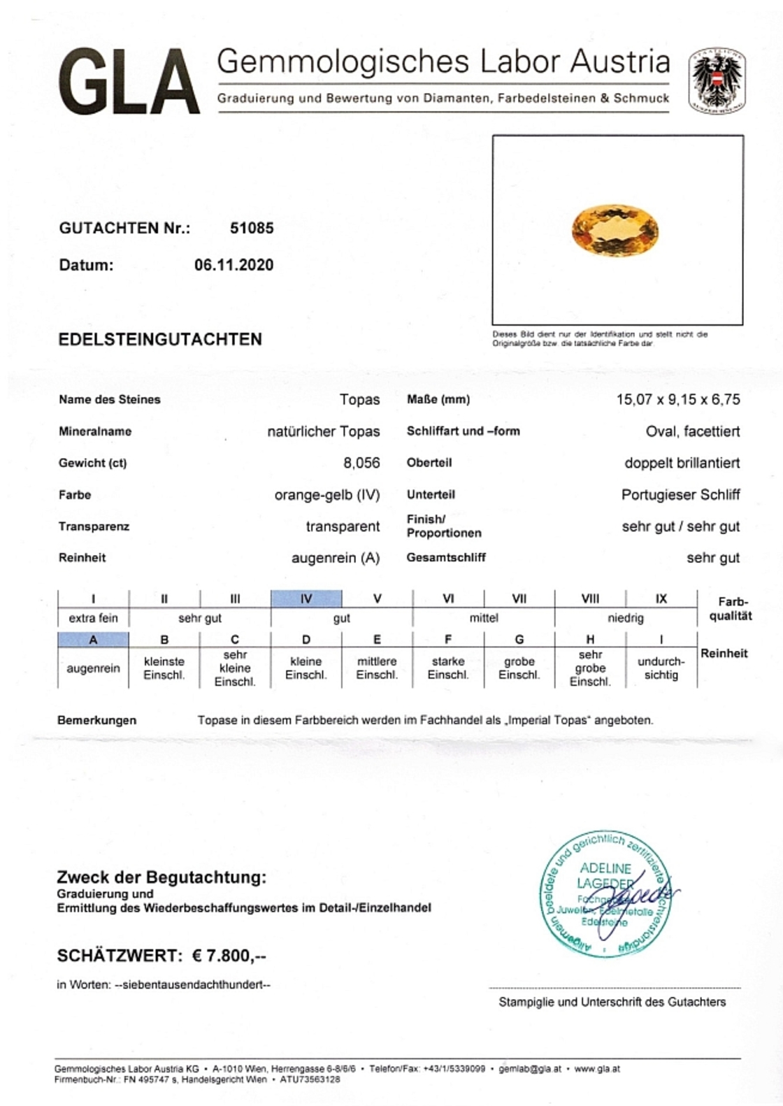 Gutachten zu Imperial Topas oval gelborange 8,05 ct