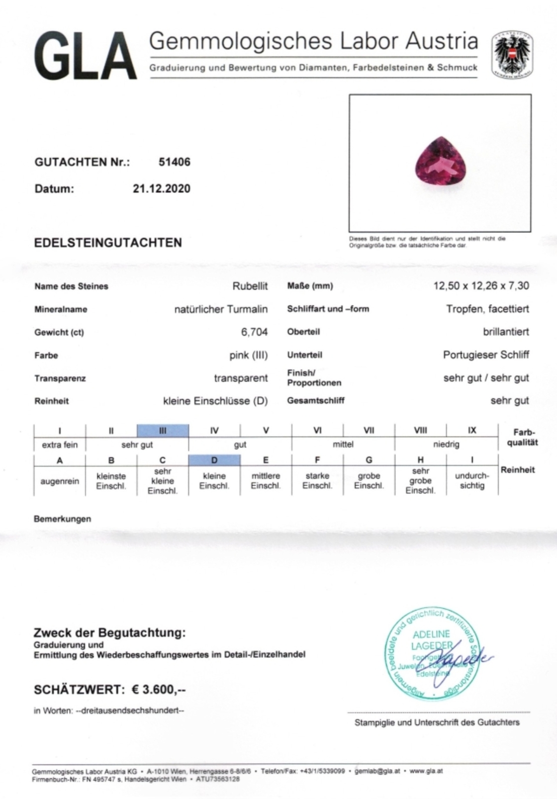 Rubellit Turmalin Tropfenschliff rötlich-pink 6,704 ct