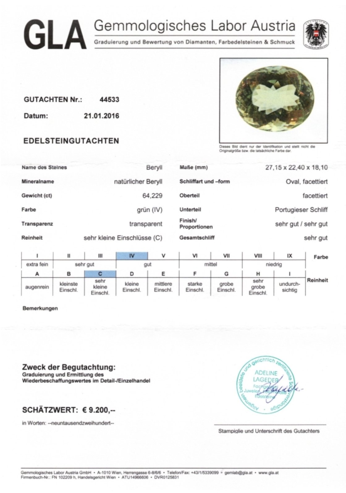 Hellgrüner Beryll Ovalschliff unbehandelt 64,229 ct