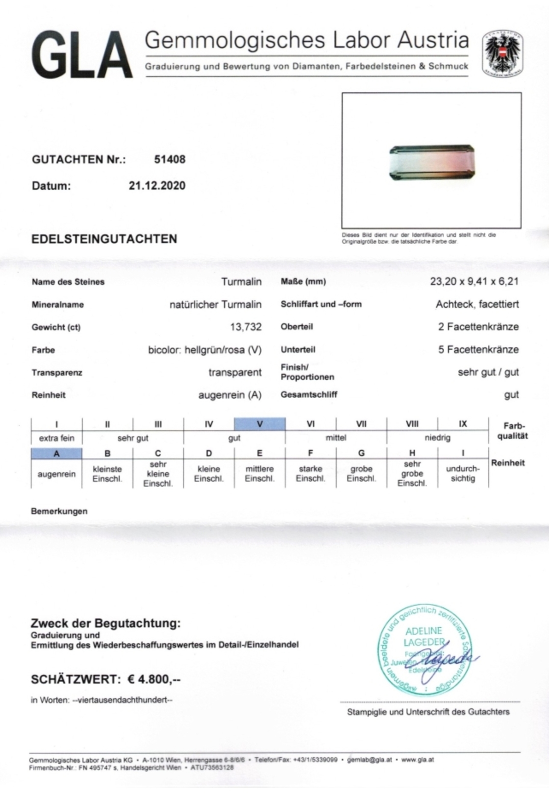 Zweifarbiger Turmalin Achteckschliff hellgrün+braunrosa 13,732 ct