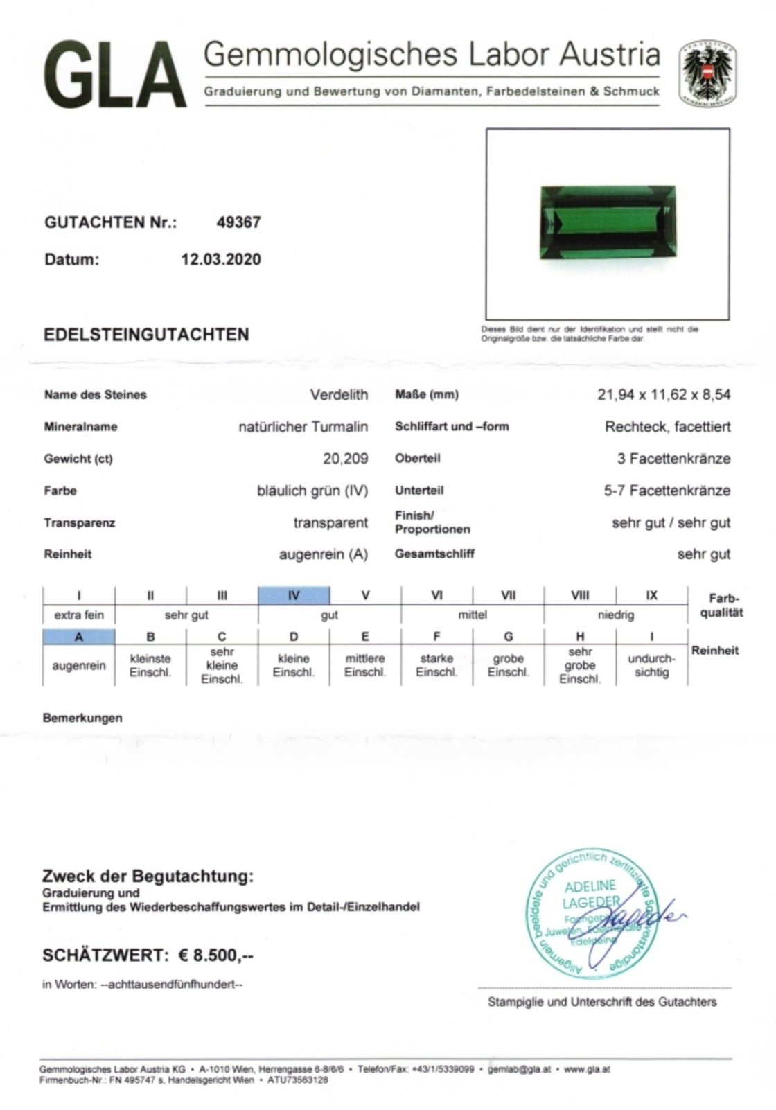 Grüner Turmalin Verdelith Rechteckschliff 20,209 ct