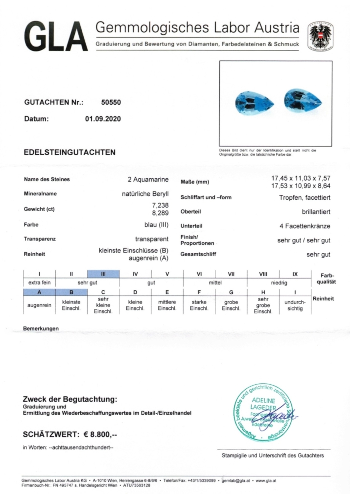 Aquamarin Duo Tropfenschliff intensives Hellblau 15,527 ct