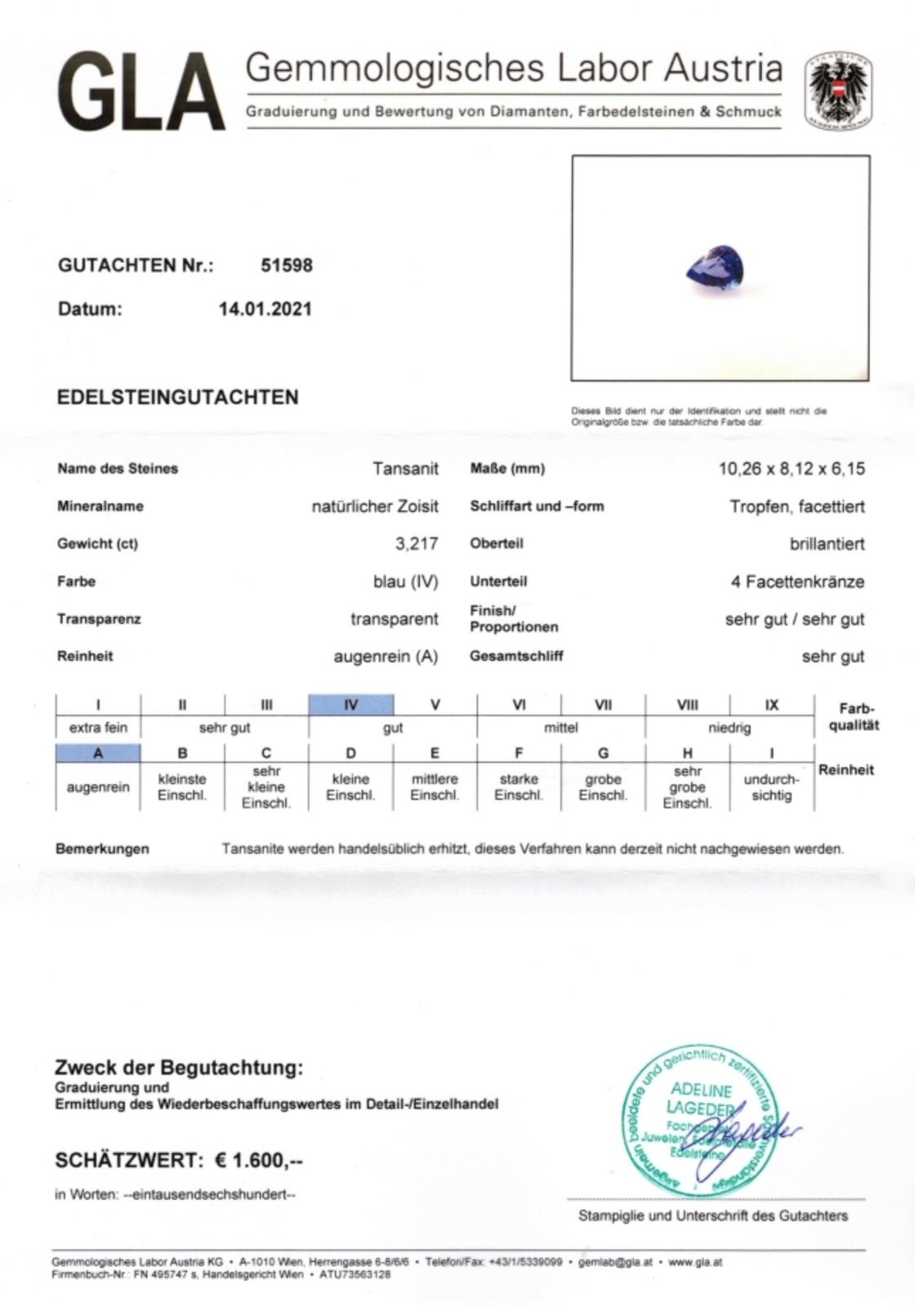 Tansanit Tropfenschliff blau 3,217 ct
