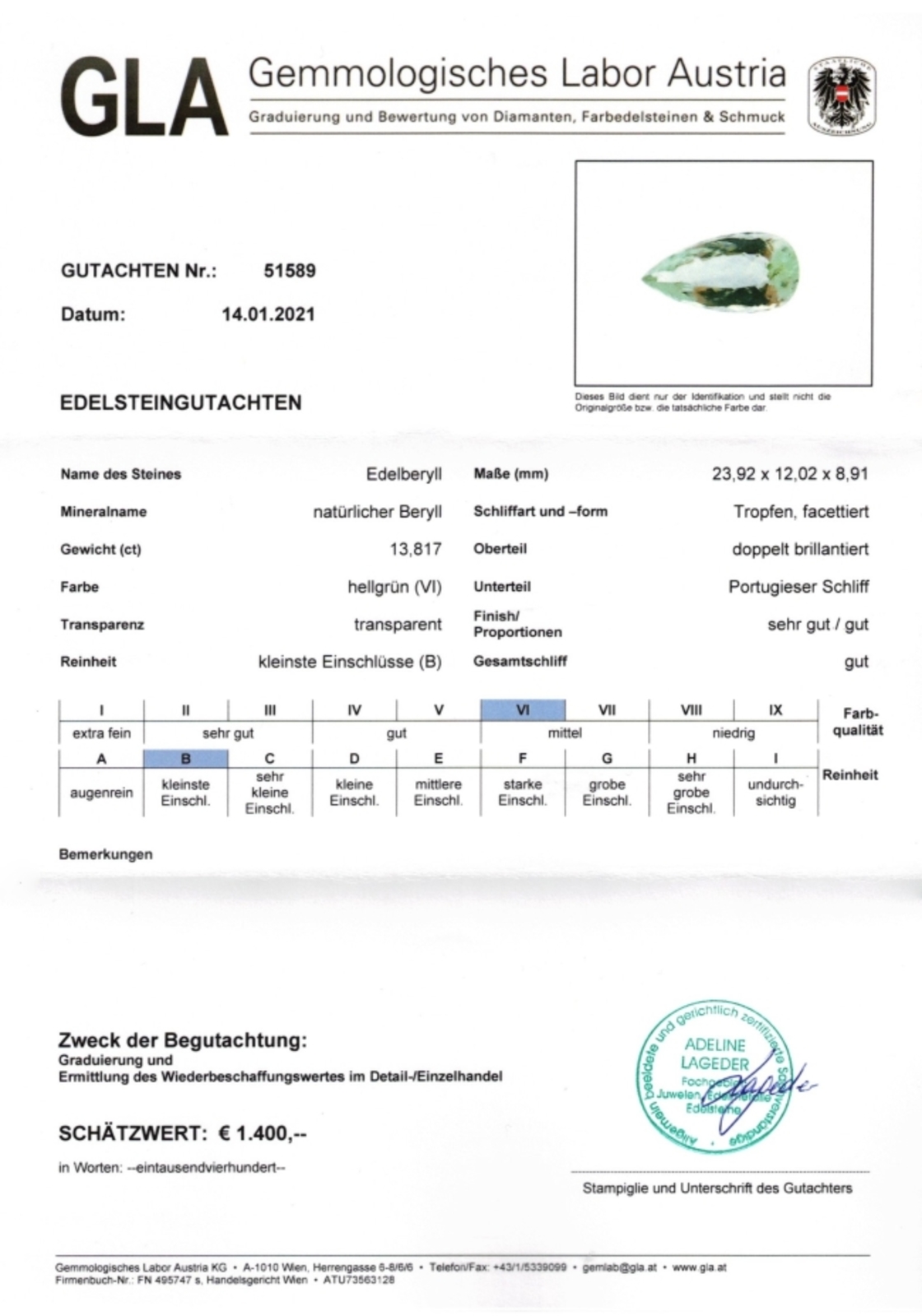 Unbehandelter Edelberyll Tropfenschliff hellgrün 13,817 ct