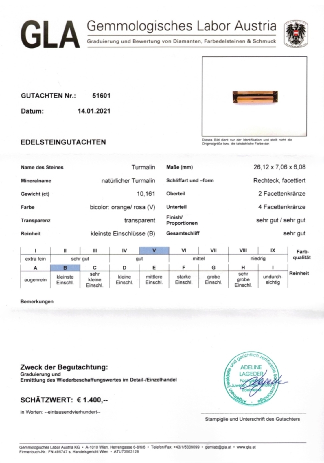 Turmalin Rechteckschliff bräunlich rosaorange 10,161 ct