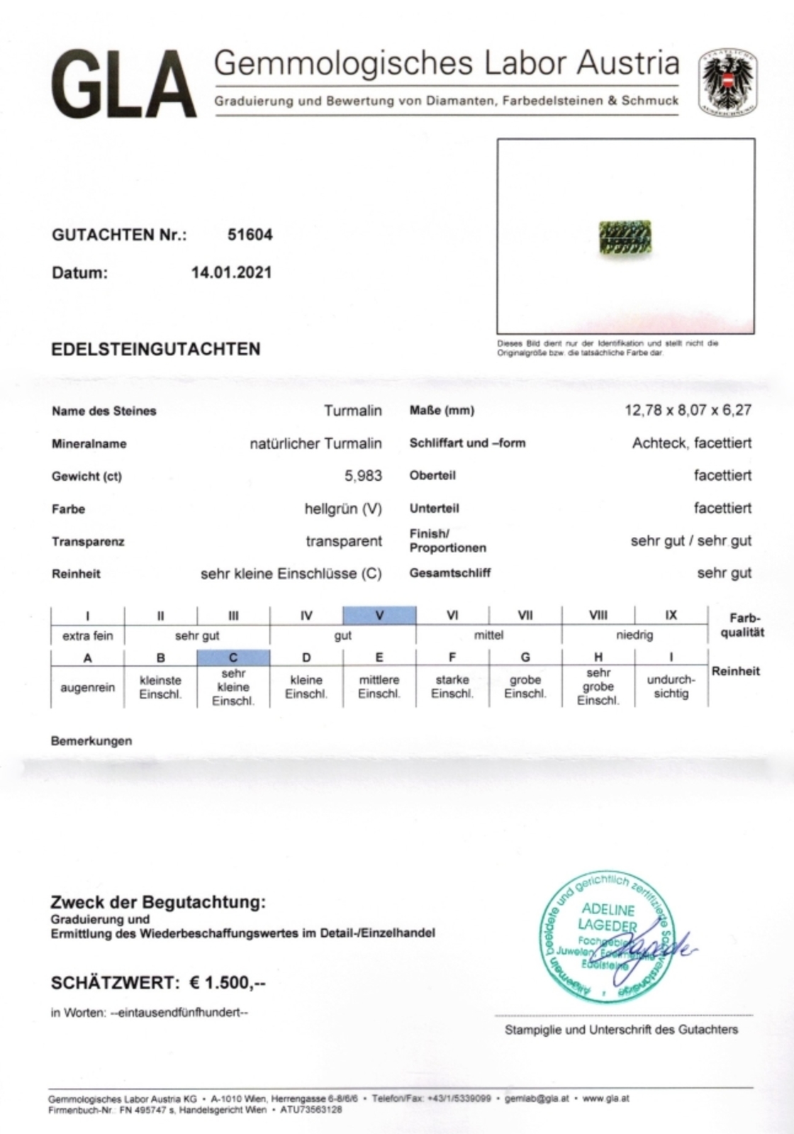 Turmalin Design-Rechteckschliff hellgrün 5,983 ct