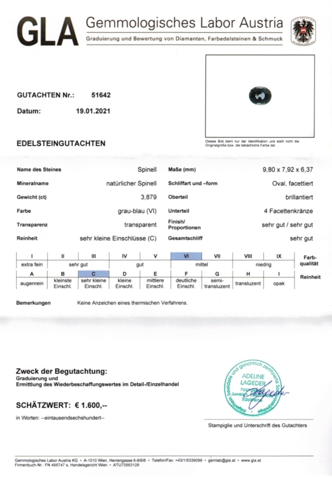 Graublauer Spinell Ovalschliff 3,879 ct