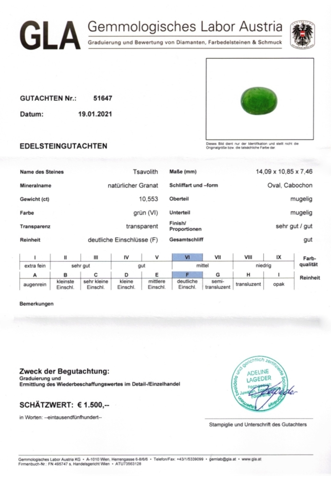 Tsavorit Granat Cabochonschliff oval grün 10,553 ct