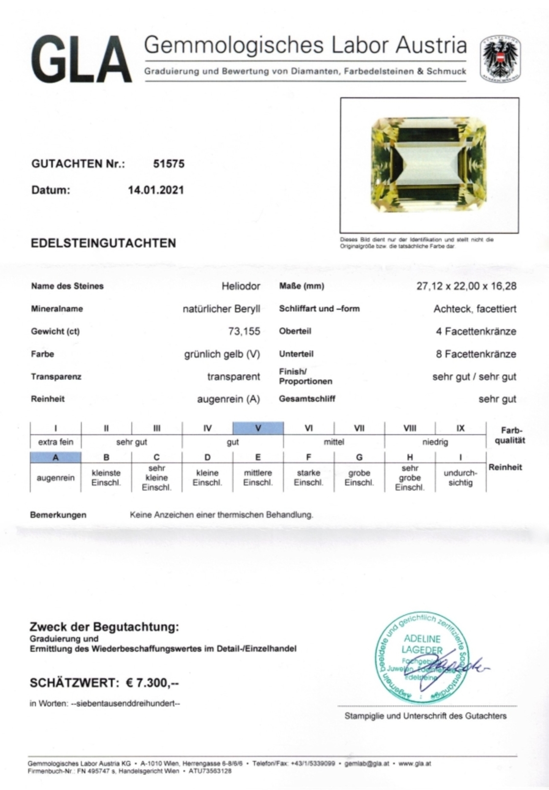 Heliodor Beryll Achteckschliff grünlich gelb 73,155 ct