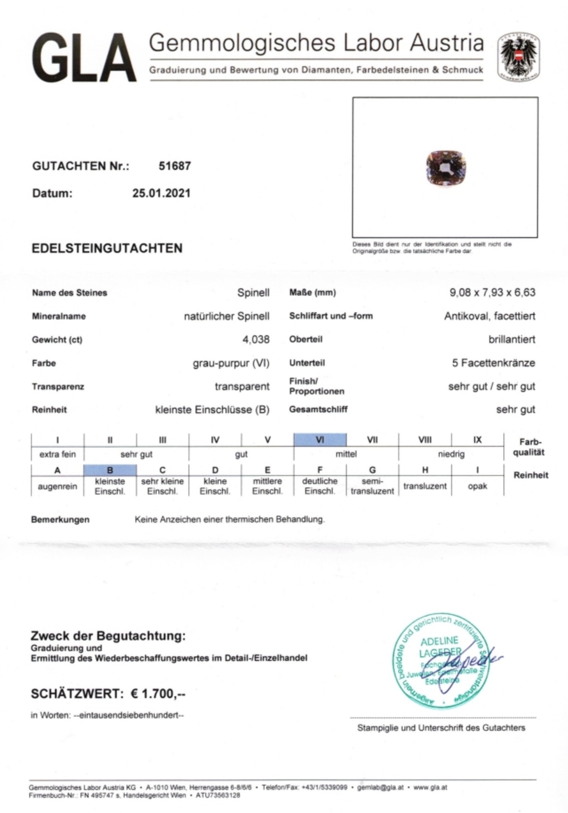 Gutachten zu Spinell antikoval gräulich-lavendel 4,03 ct