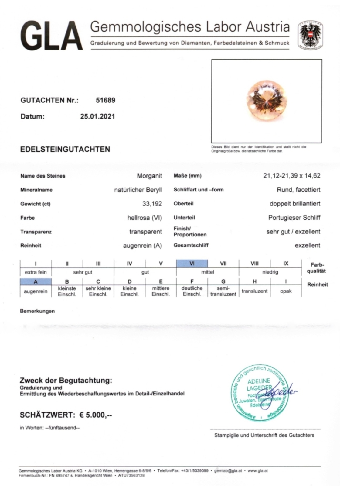 Gutachten zu Morganit Beryll rund hellrosa 33,19 ct