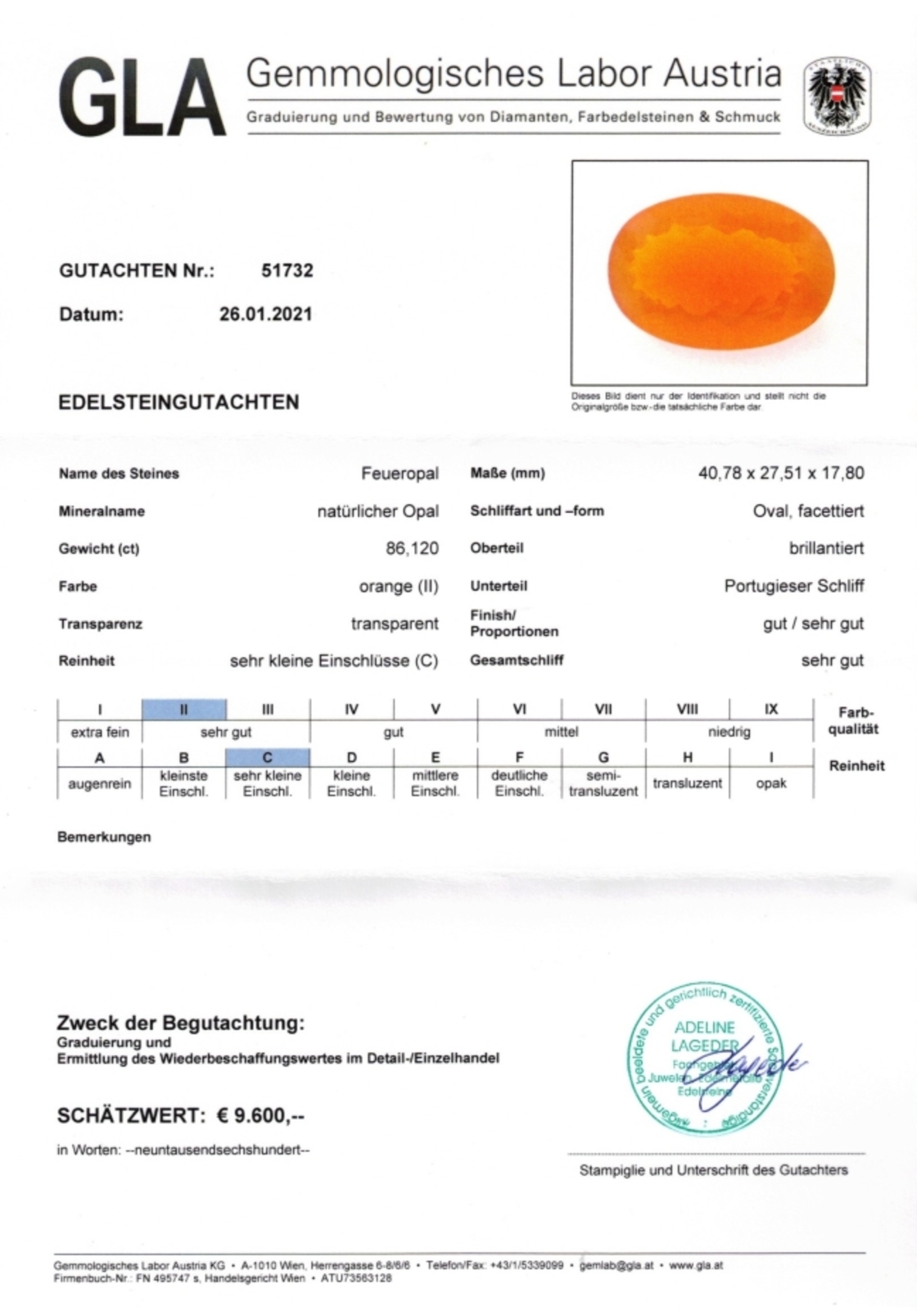 Gutachten zu Feueropal oval orange 68,12 ct.