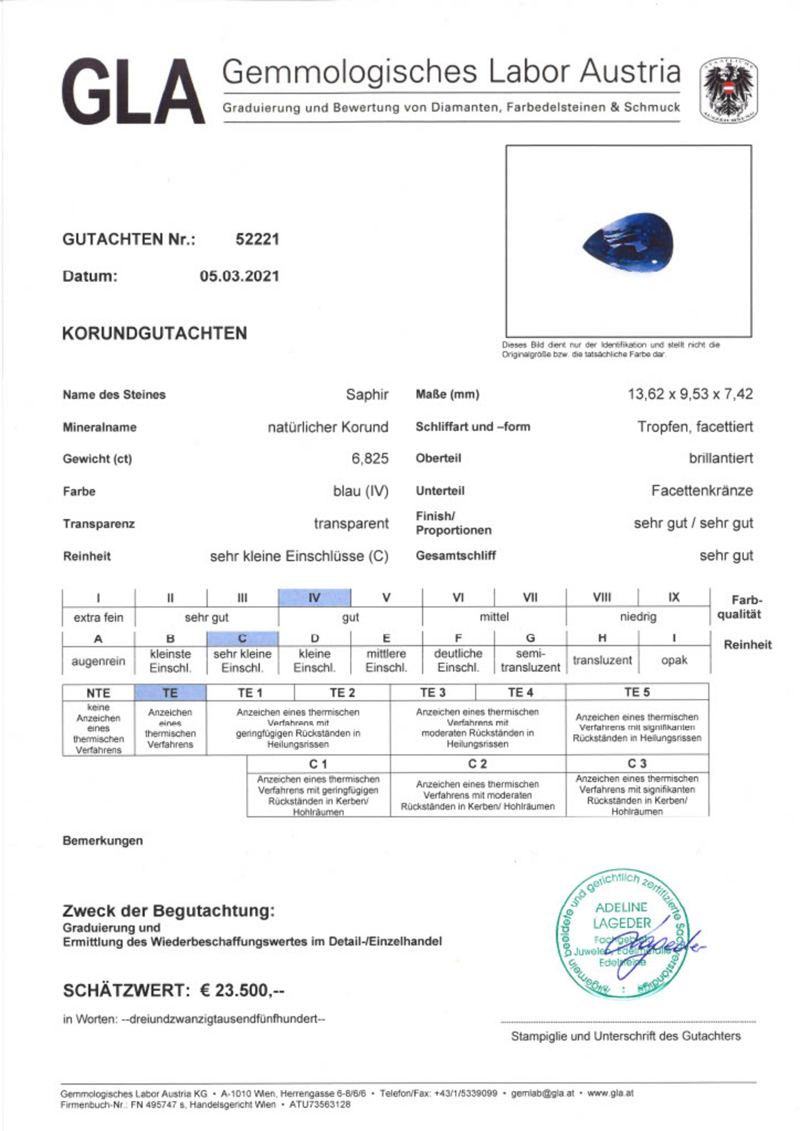 Saphir Tropfenschliff blau 6,825 ct.