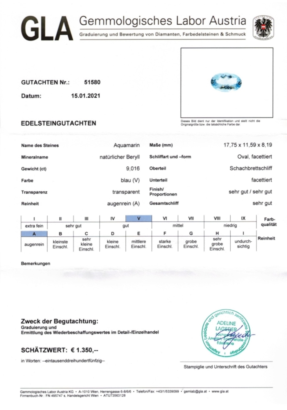 Aquamarin Oval-Schachbrettschliff hellblau 9,016 ct