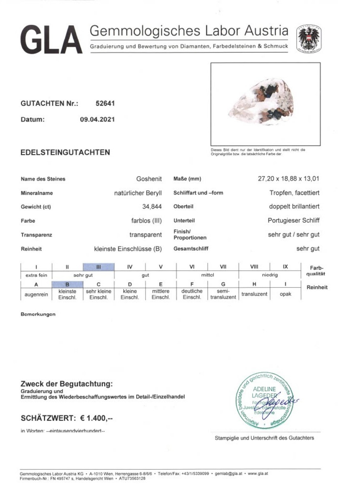 Edelberyll Goshenit Tropfenschliff farblos 34,844 ct